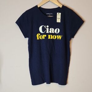 EXPRESS Navy Graphic Tee with Yellow and White Text “Ciao for now, size M